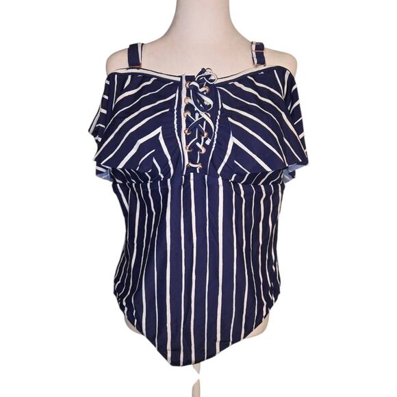 Raisins Curve Women's PLUS Size 18W Navy/White Stripe One Piece Bathing Suit - Picture 1 of 8